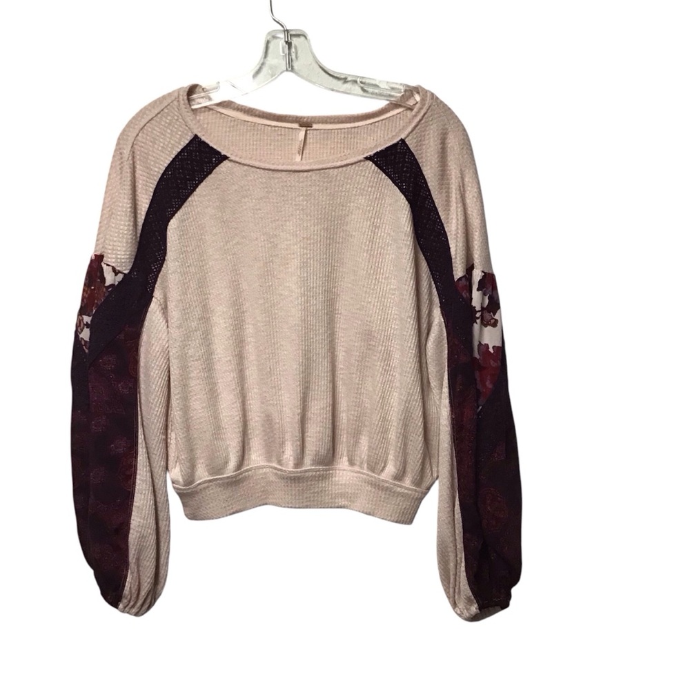 Free People Pink Waffle Knit Long Puff Sleeve Casual Clash Top Size XSmall